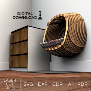Pode incluir: Download digital de arquivos de corte a laser para uma cadeira suspensa de madeira com um almofada colorida. Os arquivos estão disponíveis nos formatos SVG, DXF, CDR, AI e PDF.