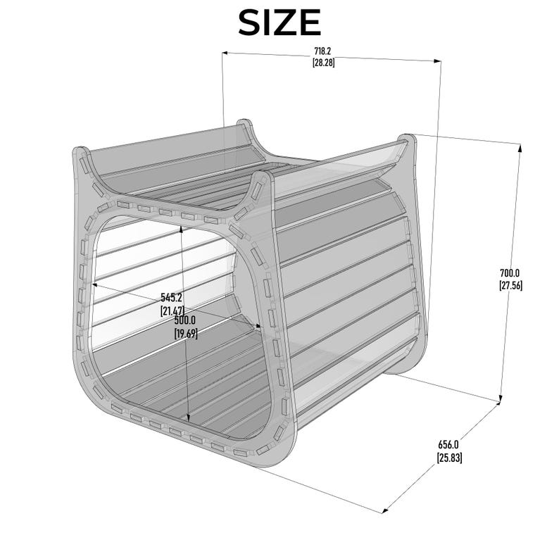 May include: A transparent, geometric, open-sided structure with horizontal slats. The image includes size dimensions: 28.28 inches wide, 27.56 inches high, and 25.83 inches deep. The text "SIZE" is at the top.
