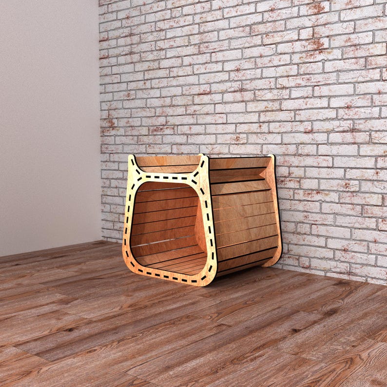 May include: A wooden pet house with a unique design. The house is constructed from light brown wood with a rectangular shape and a rounded opening. The edges are outlined with a dashed line. The house is placed against a brick wall.