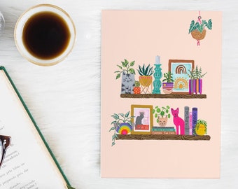 Cat Lover Gift / Greeting card with indoor plants: cactus, succulents, jade plant shelf  - A6 watercolour blank card