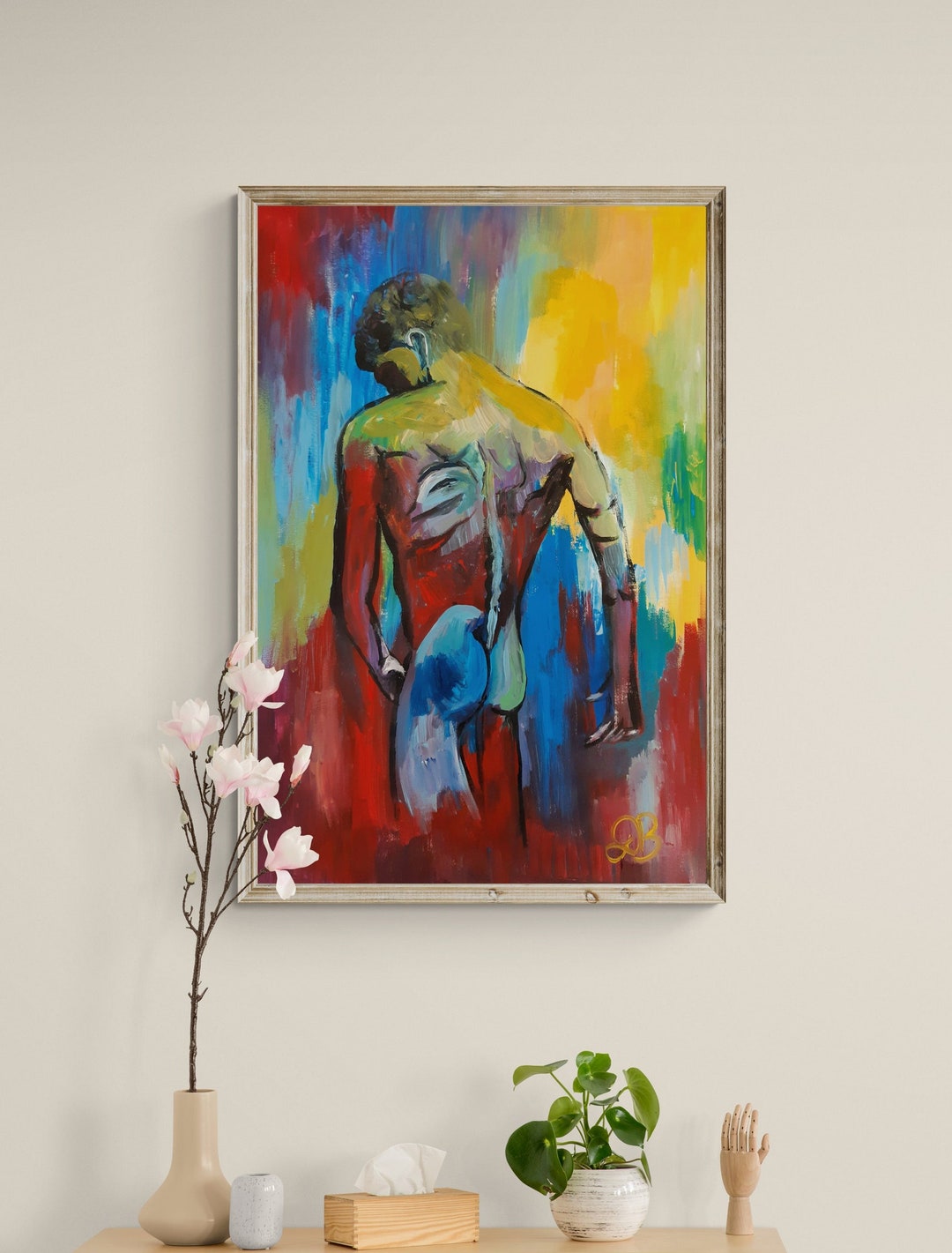Nude Man Abstract Painting on Canvas, Large Bright Naked Man Wall Art