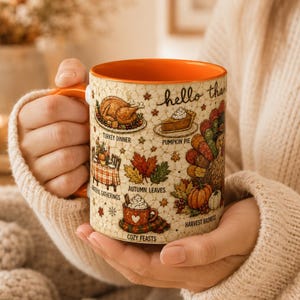 May include: A ceramic mug with an orange interior and handle, featuring a cream-colored exterior with a crackle pattern. The mug displays colorful illustrations of Thanksgiving themes, including a turkey, pumpkin pie, and autumn leaves, with text labels like Turkey Dinner, Pumpkin Pie, Autumn Leaves, Grateful Gatherings, Cozy Feasts, and Harvest Baskets.