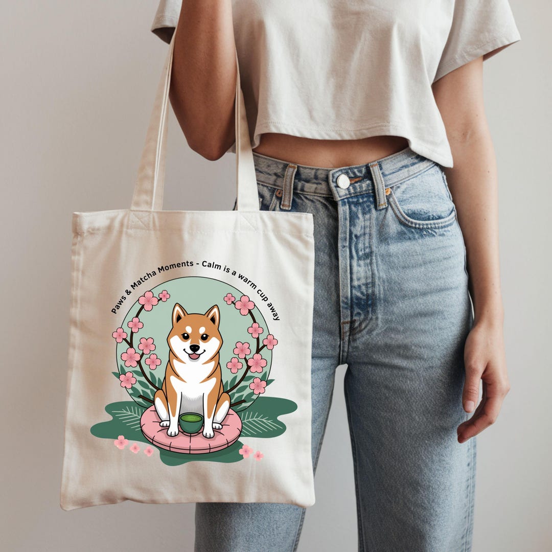 Shiba Inu Matcha Tote Bag, Japanese Minimalist Sakura Blossom Cotton ...
