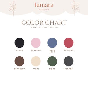 K&ouml;nnte beinhalten: Farbkarte mit acht Farbfeldern in verschiedenen Farben, darunter Schwarz, Rosa, Blau und Rot. Der Text "COLOR CHART" und "COMFORT COLORS 1717" sind &uuml;ber den Farbfeldern zu sehen. Der Markenname "lumara designs" steht oben.