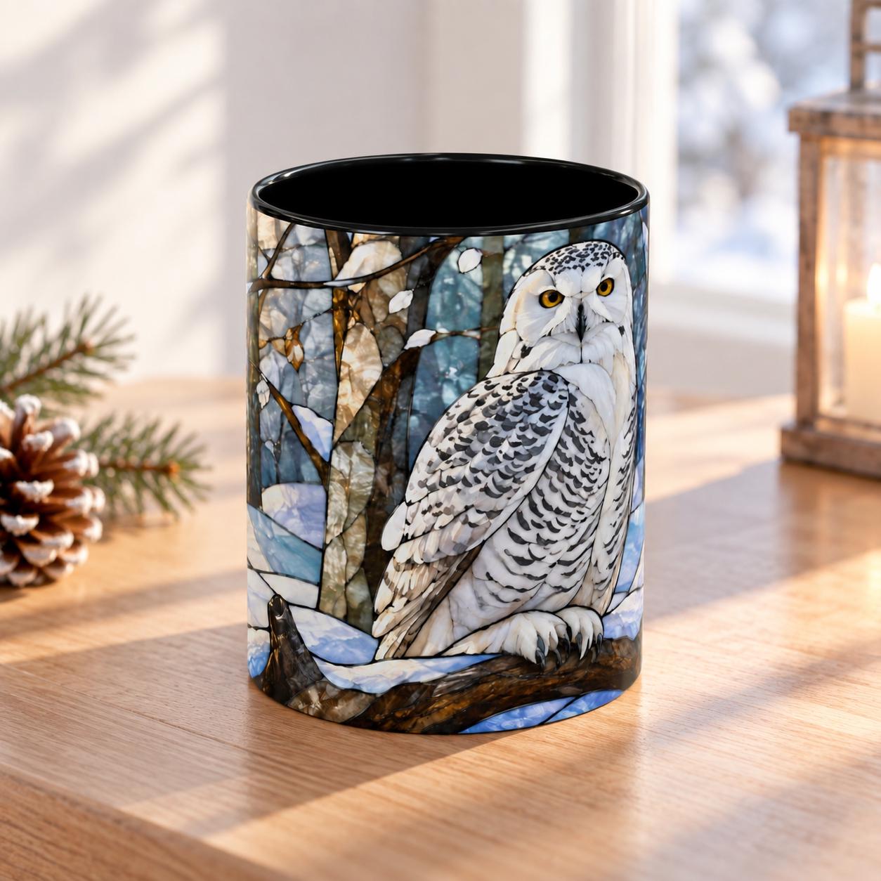 Stained Glass Snowy Owl Mug, Winter Forest Wildlife Coffee Cup (11oz/15oz)