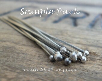 SAMPLE Pack Handmade Ball Headpins - 2 pair each of 24, 26 & 20 gauge, 2 inches. Oxidized and polished