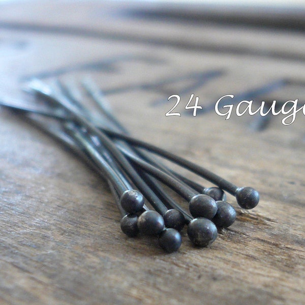 10 3" Fine Silver 24 GAUGE Handmade Ball Headpins - 3 inches. Heavily Oxidized