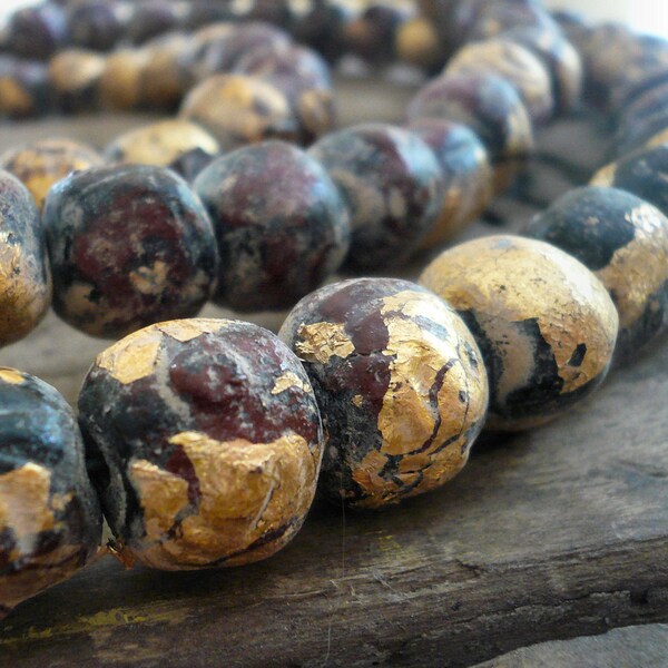 Buddha Beads - Handmade Raku pottery with gold foil, 8mm, 110 beads