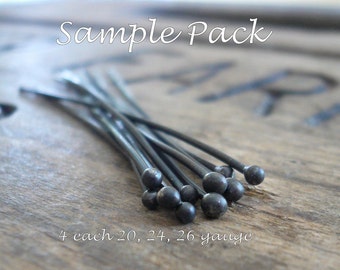 SAMPLE Pack Handmade Ball Headpins - 2 pair each of 24, 26 & 20 gauge, 2 inches. Heavily Oxidized
