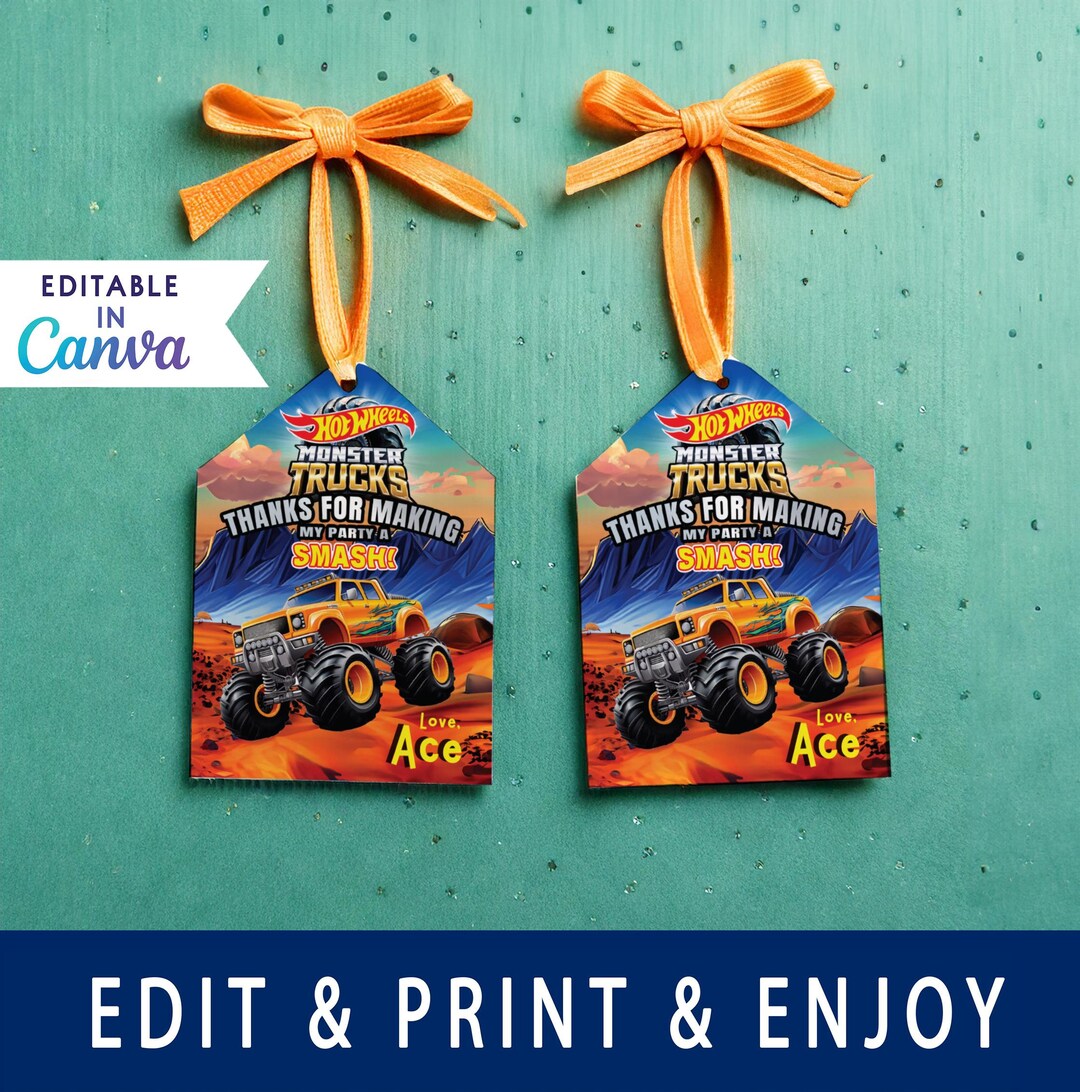 Monster Truck Tags Editable Thank You Tags Thank You Cards,editable ...