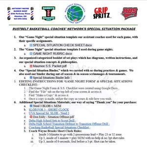 May include: A document titled RUSTBELT BASKETBALL COACHES' NETWORK'S SPECIAL SITUATION PACKAGE featuring a list of coaching resources, templates, and checklists. The page includes logos for Anthony Wayne Barber Shop, Danny's Cafe, and Grip Spritz.