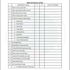 May include: A checklist for organizational items needed for a sports team. The checklist includes equipment, gear, and contact person information. The checklist is divided into two columns, one for "Y" (yes) and one for "N" (no).
