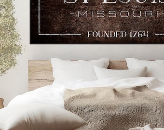 Letrero personalizado de lienzo con la ciudad y el estado de San Luis, Misuri: arte mural vintage de la ciudad natal, decoración para negocios