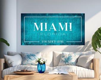 Letrero personalizado de lienzo con la ciudad y el estado de Miami: arte mural único, arte oceánico