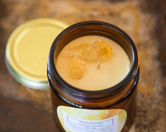 Weihrauch und Myrrhe von Joshua Tree Desert Rose, mit Citrinkristallen, Soja- und Kokosnusswachskerze, handgemachte 8oz Kerze, Intention Candle