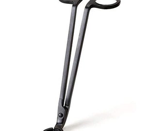 May include: Black metal candle wick trimmer with two round handles. The tool is used to trim candle wicks.