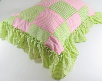 Vintage Handmade Pink Green Gingham Checked Ruffled Pillow Sham Pillowcase Home Decor Housewares Bed Linens Gift for Her 70s Retro Preppy