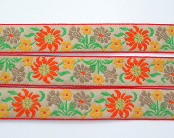 3 YDS Boho Floral Ribbon, Vintage Jacquard Ribbon, Designer Ribbon, Cotton Sewing Trim, Flat Woven Tape, Notions, 15/16" wide