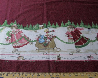1-1/4 YD Fabric, Daisy Kingdom To Grandma's House Border #1718 by Sandi Gore-Evans Vintage Cotton Quilting Fabric, Christmas Sleigh Tree