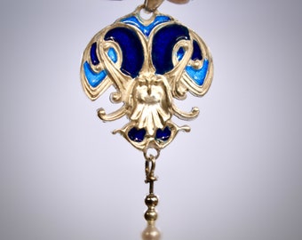 Art Nouveau Silver Plique a Jour Pendant With Vitreous Glass Enamel And Pearl