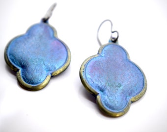 Hand Made Titanium Bright Blue & Gold Guilloche Style Art Jewelry Earrings