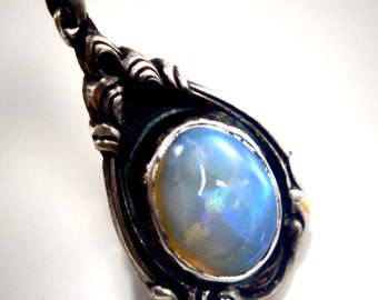 Hand Made Vintage Hand Crafted Sterling Silver Pendant With Hand Cut Australian White Opal