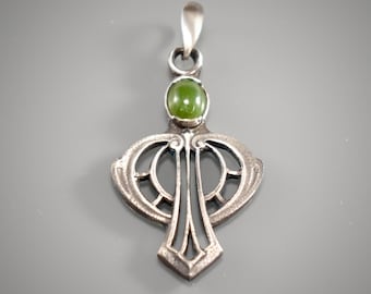 Arts & Crafts Silver Pendant With Waxy Green Jade