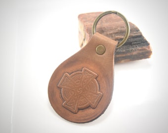 Leather Keychain Key Fob With Split Ring Celtic Cross