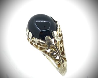 Art Jewelry Classic Sterling Silver Art Deco Fabricated Filagree Ring With Black Onyx