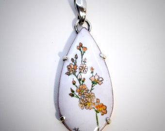 Original Graphite Hand Drawing Flower Design On Copper Art Jewelry Pendant With Vitreous Enamel & Sterling Setting
