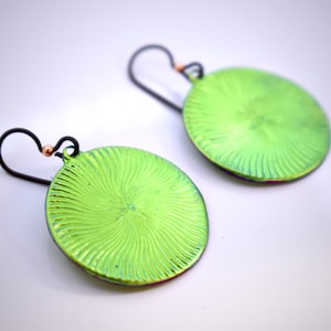 Hand Made Niobium Bright Green Guilloche Style Art Jewelry Earrings