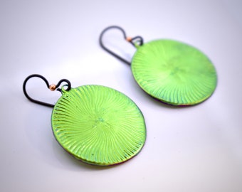 Hand Made Niobium Bright Green Guilloche Style Art Jewelry Earrings