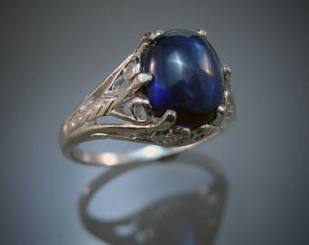 Art Jewelry Classic Sterling Silver Filagree Ring with Synthetic Blue Sapphire