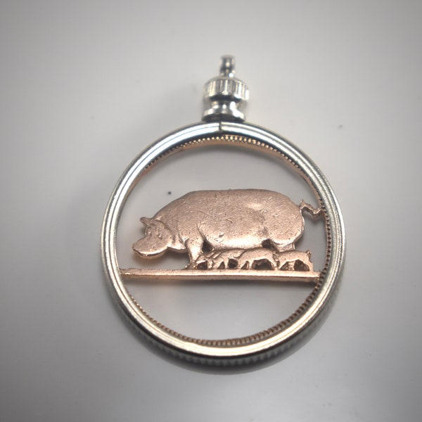 Hand Sawn Sow & Piglets Irish Coin Set In A Nickel Coin Bezel Pendant