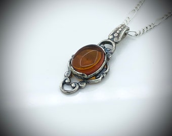 Hand Carved Pierced And Pressed Art Nouveau Fine Silver Pendant With Honey Natural Baltic Amber