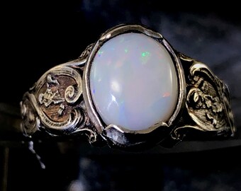 Classic Sterling Silver Art Nouveau Ring With Hand Cut Solid Australian Opal