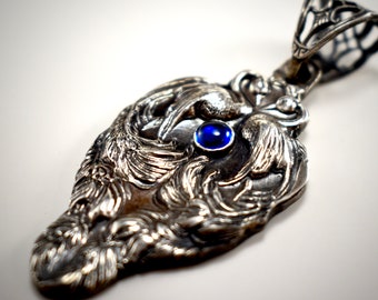 Art Nouveau Peacock Pair Sterling Silver Pendant With Deep Royal Blue Lab Spinel