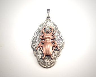 Art Nouveau Vintage Copper Stag Beetle Design Hand Crafted Silver Pendant