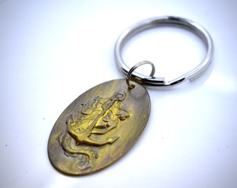 Bronze Keychain Key Fob With Steel Split Ring Mermaid And Anchor