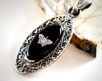 Victorian Inspired Hand Sawn Filagree With Hand Cut Butterfly Engraved Black Onyx Sterling Silver Pendant