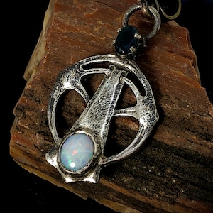 Arts & Crafts Silver Pendant With Deep Blue Sapphire And Solid Australian Opal