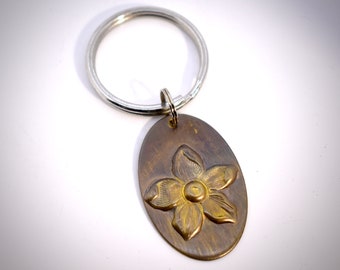 Bronze Keychain Key Fob With Steel Split Ring Plumeria Flower