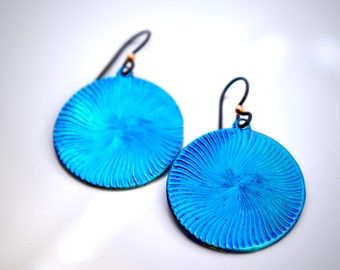 Hand Made Niobium Bright Blue & Gold Guilloche Style Art Jewelry Earrings