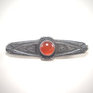 Art Deco Sterling Silver Bar Pin With Deep Red Carnelian Cabochon