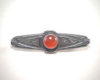 Art Deco Sterling Silver Bar Pin With Deep Red Carnelian Cabochon