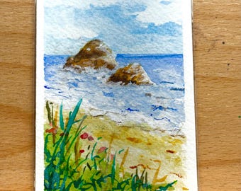 Original Watercolor ACEO – Rocky Shoreline Miniature Painting – One-of-a-Kind Collectible Art