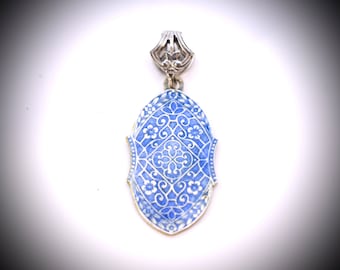 Blue Glass Enamel Filagree Stained Glass Garden Pendant In Fine Silver