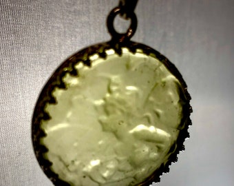 Art Nouveau Green Absinthe Fairy Portrait In Hand Pressed Recycled Uranium Glass In Silver Pendant