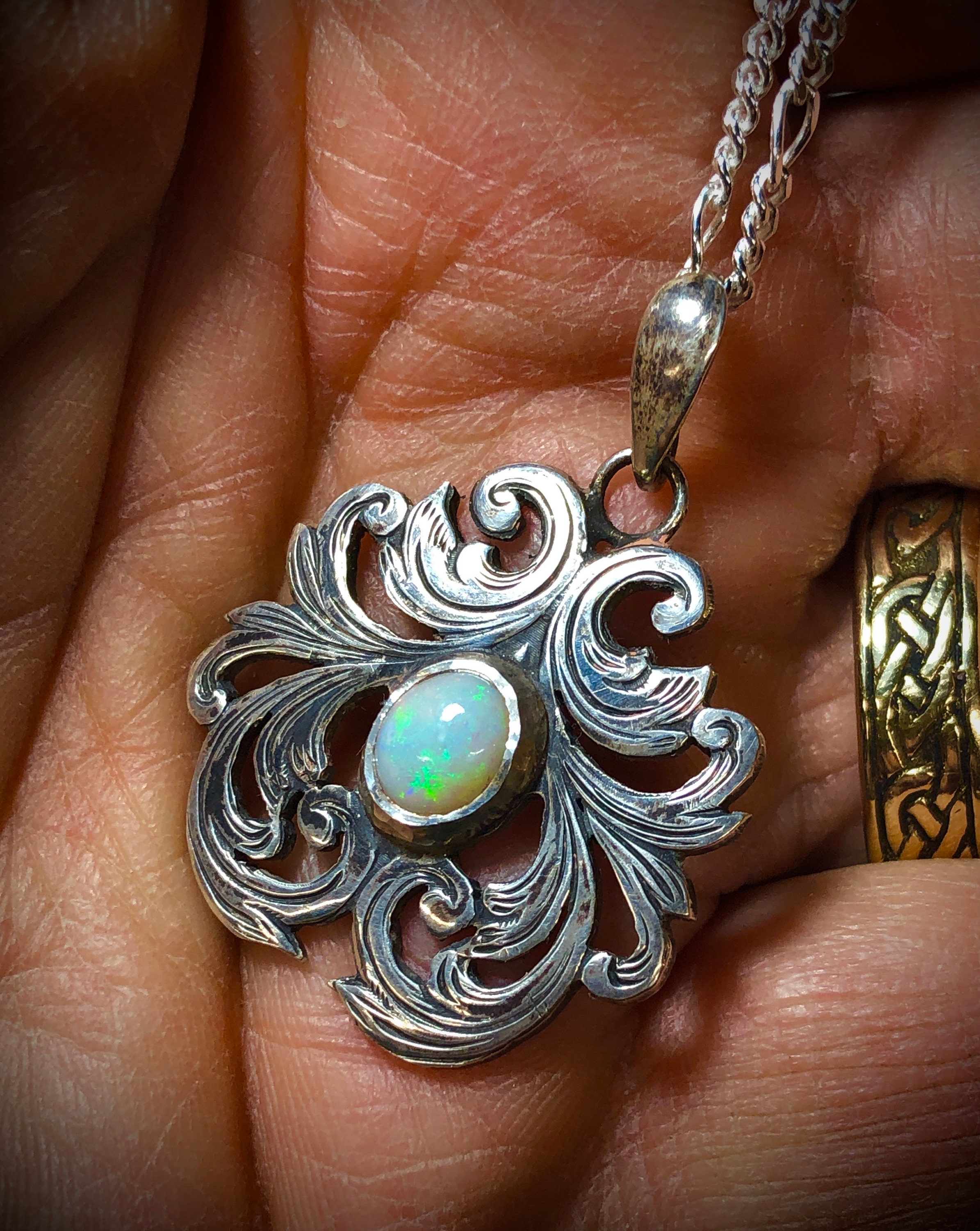 Australian Opal Art Deco Inspired Sterling Silver Scrollwork Engraved Art  Jewelry Necklace -  Denmark