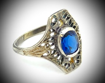 Bague en argent sterling spinelle bleu saphir art déco en filigrane